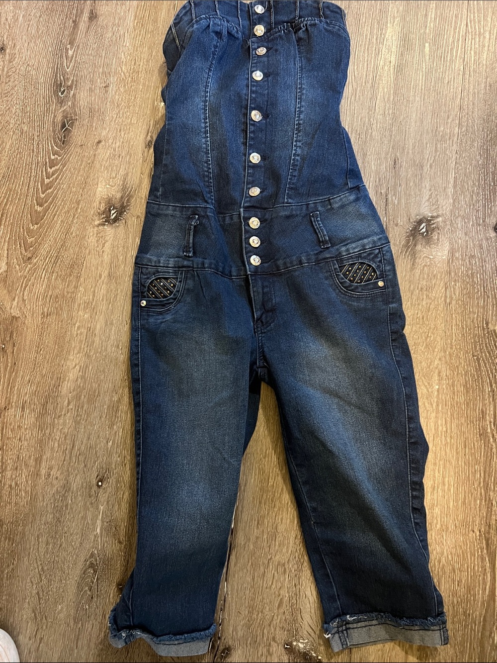 Button-Front Dark Blue Denim Jumpsuit. Bling